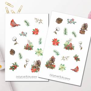 Weihnachten Sticker Set - Journal Sticker, Planer Sticker, Aufkleber Feiertage, Winter, Schnee, Blumen, Tannenbaum, Voge Bild 1