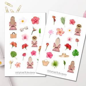 Mädchen Tropische Blumen Sticker Set | Journal Sticker | Planer Sticker | Sticker Mädchen, Frauen, Sommer, Blumen, Flora Bild 1