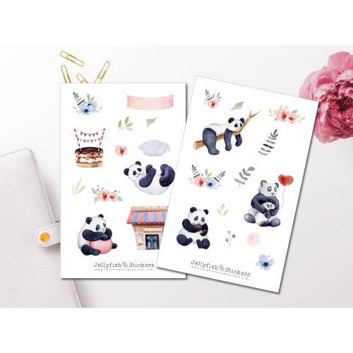 Panda Sticker Set | Niedliche Aufkleber | Journal Sticker | Tiere Sticker | Planer Sticker | Florale Sticker, Blumen, Na