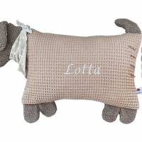 Kuscheltier Kissen "Hund"  aus Waffelpique, mit Namen personalisiert,  Geschenk zu Geburt, Taufe,  Geburtstag, Bild 1