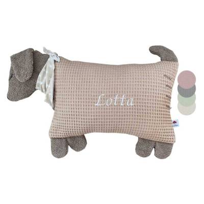 Kuscheltier Kissen "Hund"  aus Waffelpique, mit Namen personalisiert,  Geschenk zu Geburt, Taufe,  Geburtstag,