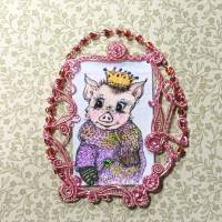 Minibild Schwein mit Krone handgemalt im wirework Prunkrahmen Talisman Gdeburtstagsgeschenk Glücksbringer Bild 1
