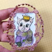 Minibild Schwein mit Krone handgemalt im wirework Prunkrahmen Talisman Gdeburtstagsgeschenk Glücksbringer Bild 5