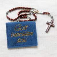 Bestickte Rosenkranztasche aus blauem Filz mit goldenem Spruch "Gott beschütze dich" *sofort versandfertig Bild 1