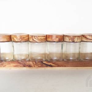 Regal mit 6 Glas Dosen und Deckel aus Olivenholz, Wandregal, Gewürzregal, hangefertigt Bild 3