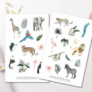 Sommer Dschungel Tiere Sticker Set | Journal Sticker | Planer Sticker | Sticker Urlaub, Reisen, Löwe, Elefant, Afrika, W Bild 1