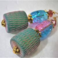 Ohrringe funkelnd in türkis pink Glas und Holz petrol boho chic handgemacht Bild 2