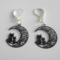Filigran Halbmond mit Katze schwarz geschlossene 925 Ohrhänger Ohrringe Bild 1