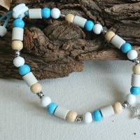 EM Keramik Halsband mit Holzperlen Natur Weiß Blau Bild 1