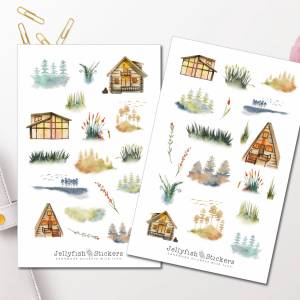 Wald Natur Sticker Set - Journal Sticker, Planer Sticker, Bäume, Häuser, Haus, Blumen, Tannenbaum Sticker Sheet Bild 1