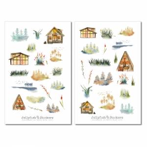 Wald Natur Sticker Set - Journal Sticker, Planer Sticker, Bäume, Häuser, Haus, Blumen, Tannenbaum Sticker Sheet Bild 2