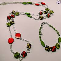 Edles Schmuckset, lange Kette mit außergewöhnlichen tschechischen Perlen in rot, grün, braun und dazu passendes Armband Bild 1