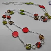 Edles Schmuckset, lange Kette mit außergewöhnlichen tschechischen Perlen in rot, grün, braun und dazu passendes Armband Bild 2