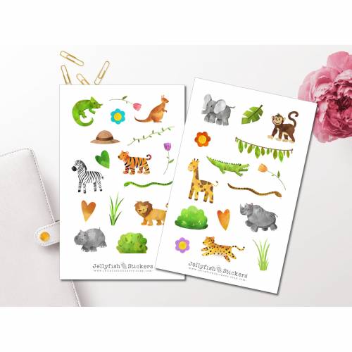 Niedliche Dschungel Tiere Sticker Set | Journal Sticker | Planer Sticker | Sticker für Kinder, Reisen, Löwe, Elefant, Af