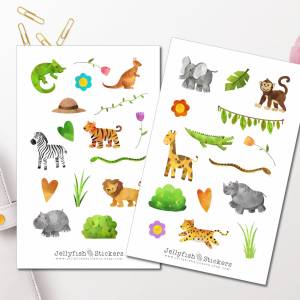 Niedliche Dschungel Tiere Sticker Set | Journal Sticker | Planer Sticker | Sticker für Kinder, Reisen, Löwe, Elefant, Af Bild 1
