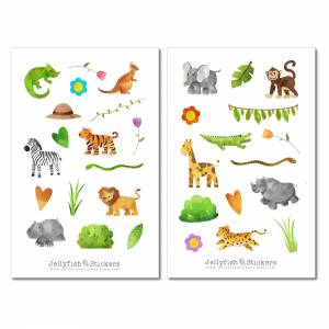 Niedliche Dschungel Tiere Sticker Set | Journal Sticker | Planer Sticker | Sticker für Kinder, Reisen, Löwe, Elefant, Af Bild 2