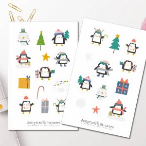 Weihnachten Pinguine Sticker Set - Journal Sticker, Planer Sticker, Aufkleber Feiertage, Winter, Schnee, Geschenke, Tann Bild 1