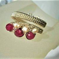 Ring handgewebt mit pink Achat und Keshiperlen weiß Spiralring wirework silberfarben Daumenring Bild 3