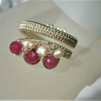Ring handgewebt mit pink Achat und Keshiperlen weiß Spiralring wirework silberfarben Daumenring Bild 4