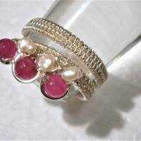 Ring handgewebt mit pink Achat und Keshiperlen weiß Spiralring wirework silberfarben Daumenring Bild 7