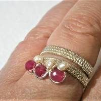 Ring handgewebt mit pink Achat und Keshiperlen weiß Spiralring wirework silberfarben Daumenring Bild 8