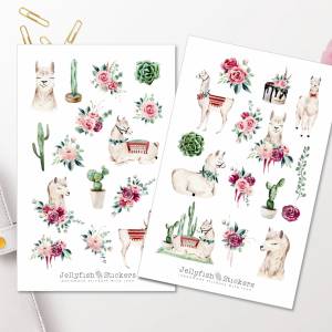 Lamas Sticker Set - Journal Sticker, Planer Sticker, Tiere, Blumen, Floral, Blumenstrauß, Kaktus, niedlich, Lama Sticker Bild 1
