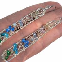 Lange Ohrringe pastell blau grün rechteckig handgemacht mit Achat Prasiolith Amethyst wirework silberfarben Bild 2