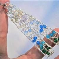 Lange Ohrringe pastell blau grün rechteckig handgemacht mit Achat Prasiolith Amethyst wirework silberfarben Bild 4