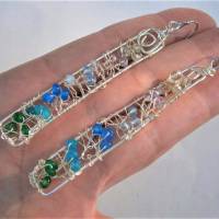 Lange Ohrringe pastell blau grün rechteckig handgemacht mit Achat Prasiolith Amethyst wirework silberfarben Bild 5