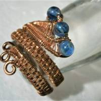 Ring mit Achat blau handgewebt im Spiralring verstellbar kupfer Daumenring Bild 4