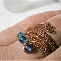Ring mit Achat blau handgewebt im Spiralring verstellbar kupfer Daumenring Bild 5