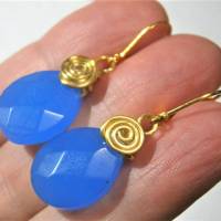 Ohrringe blau Achat facettiert große Tropfen wirework goldfarben handgefertigt an Doublé Bild 2