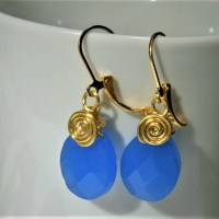 Ohrringe blau Achat facettiert große Tropfen wirework goldfarben handgefertigt an Doublé Bild 3