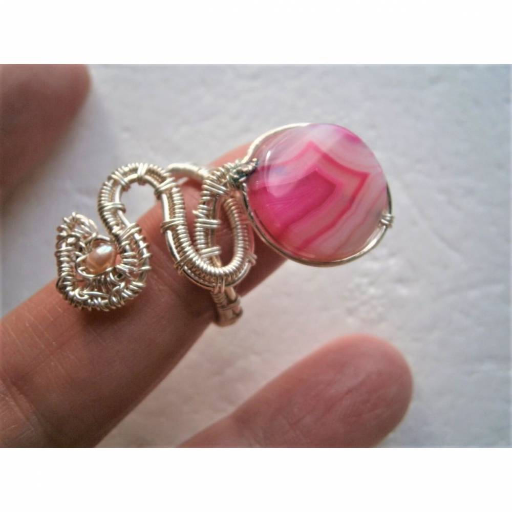 Ring pink handgewebt mit Achat und Keshiperle rosa im Spiralring verstellbar wirework boho Bild 1