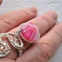 Ring pink handgewebt mit Achat und Keshiperle rosa im Spiralring verstellbar wirework boho Bild 4