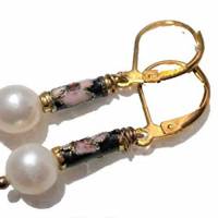 Ohrringe Perlen weiß mit emailliertem Stick handgemacht vintage wedding Brautschmuck goldfarben Bild 1