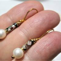 Ohrringe Perlen weiß mit emailliertem Stick handgemacht vintage wedding Brautschmuck goldfarben Bild 2