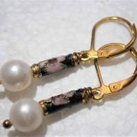 Ohrringe Perlen weiß mit emailliertem Stick handgemacht vintage wedding Brautschmuck goldfarben Bild 3