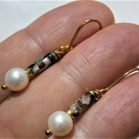 Ohrringe Perlen weiß mit emailliertem Stick handgemacht vintage wedding Brautschmuck goldfarben Bild 4