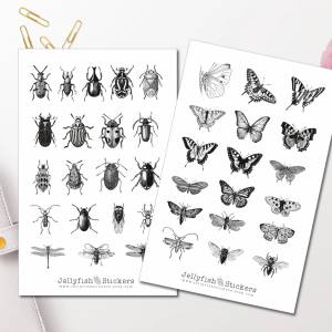 Vintage Insekten Sticker Set | Aufkleber schwarz-weiß | Journal Sticker | Sticker Schmetterling | Sticker Natur Sticker Bild 1