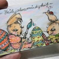Osterhasen Frühjahrsmüdigkeit handgemalt Minibild 54 x 86 mm Aquarell laminiert Lesezeichen Osterdeko Geschenk Bild 2