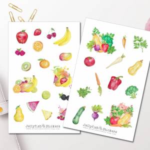Obst und Gemüse Sticker Set | Bunte Aufkleber | Journal Sticker | Essen Sticker | Planersticker | Sticker Kochen, Küche Bild 1