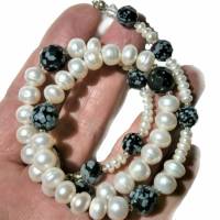 Perlenkette weiß handgemacht mit Schneeflockenobsidian schwarz grau Collier schwarz weiße Kette Bild 1
