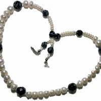Perlenkette weiß handgemacht mit Schneeflockenobsidian schwarz grau Collier schwarz weiße Kette Bild 3