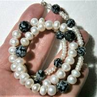 Perlenkette weiß handgemacht mit Schneeflockenobsidian schwarz grau Collier schwarz weiße Kette Bild 4