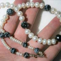 Perlenkette weiß handgemacht mit Schneeflockenobsidian schwarz grau Collier schwarz weiße Kette Bild 7