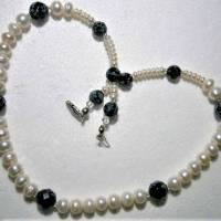 Perlenkette weiß handgemacht mit Schneeflockenobsidian schwarz grau Collier schwarz weiße Kette Bild 8