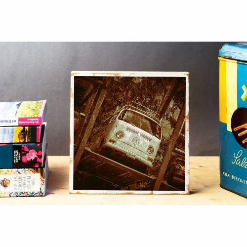 Oldtimer Bus, New York Hochgarage, Retrostil, Foto auf Holz 22x22 cm, handmade