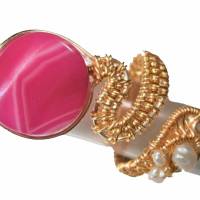 Ring handgewebt mit pink Achat Scheibe 17 mm rosa Spiralring verstellbar goldfarben Bild 1