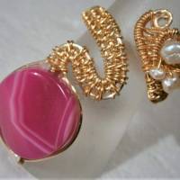 Ring handgewebt mit pink Achat Scheibe 17 mm rosa Spiralring verstellbar goldfarben Bild 4